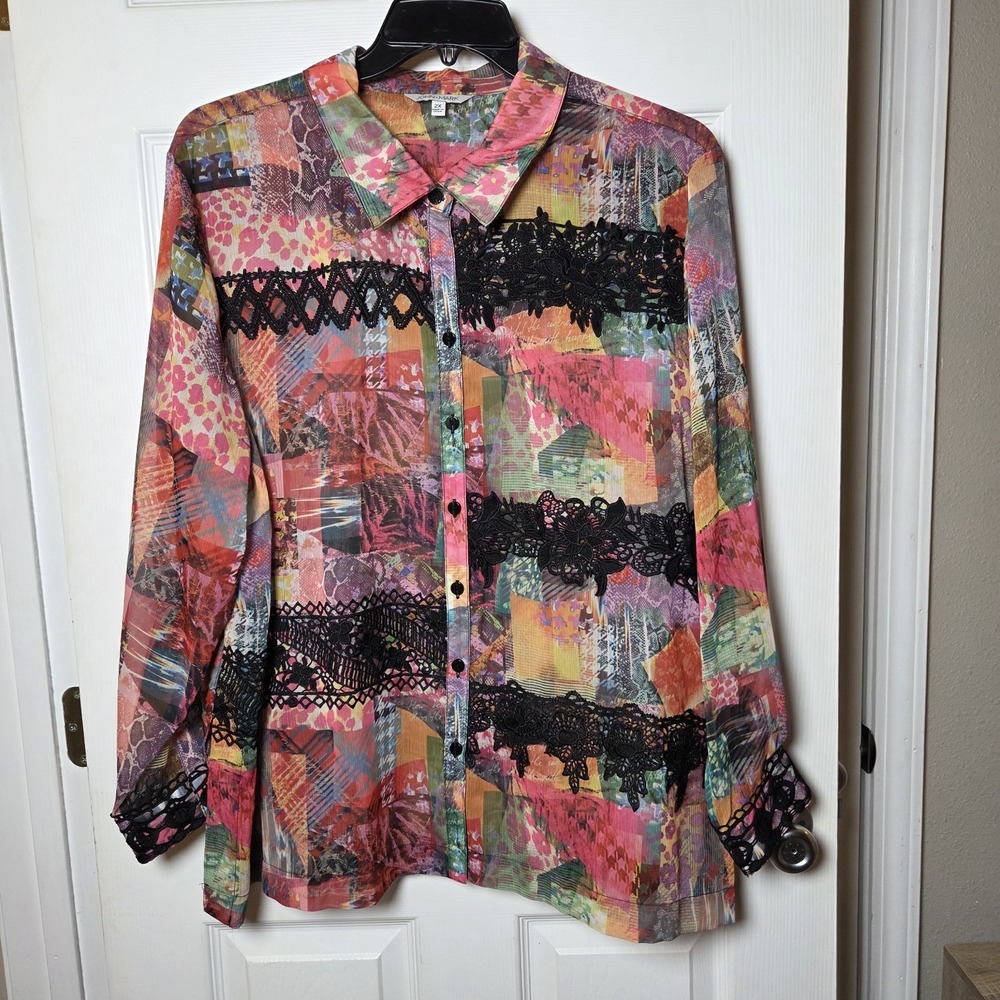 John Mark 2X sheer chiffon lace button up top NWT chic wearable art statement